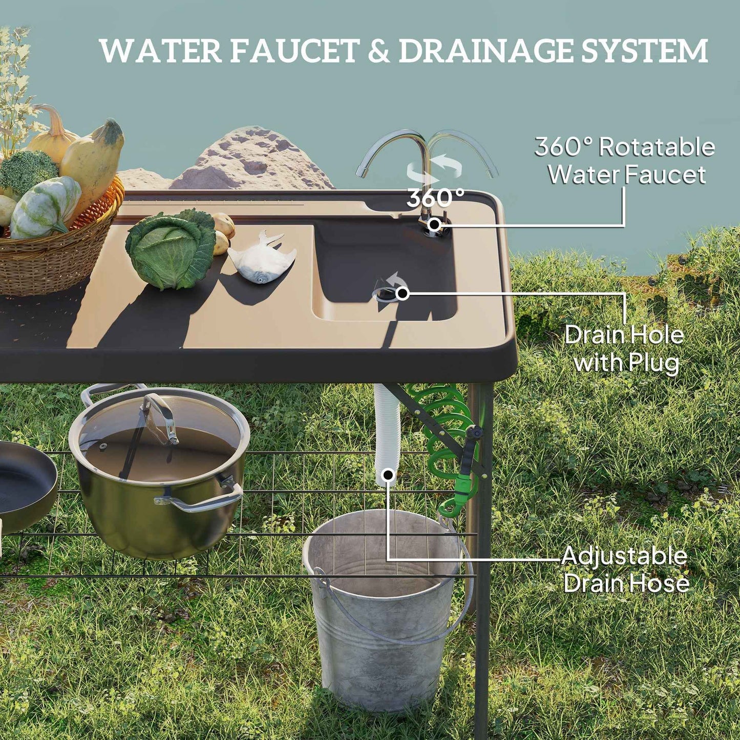 Folding Fish Cleaning Table with Sink, Faucet & Sprayer – Portable Camp Table