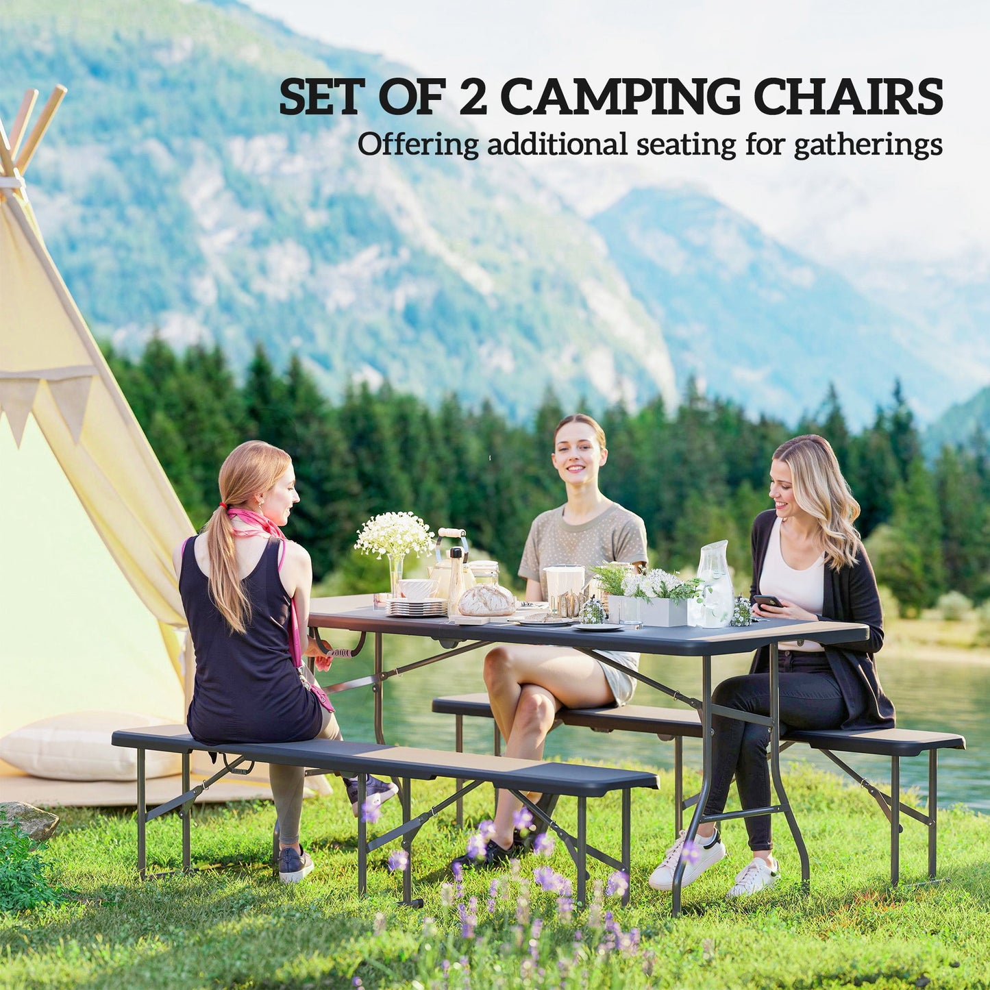 6 FT Folding Camping Bench Set of 2 | 529 lb Capacity, HDPE Top with Carry Handle
