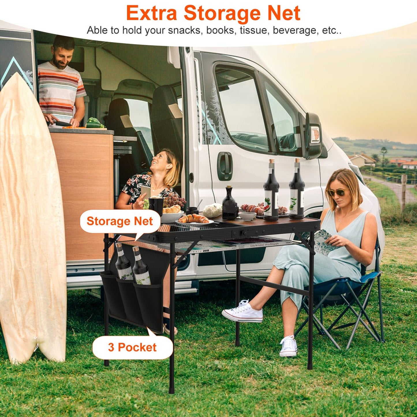 Adjustable Height Folding Camping Table with Hanging Storage Net – 66 lb. Capacity