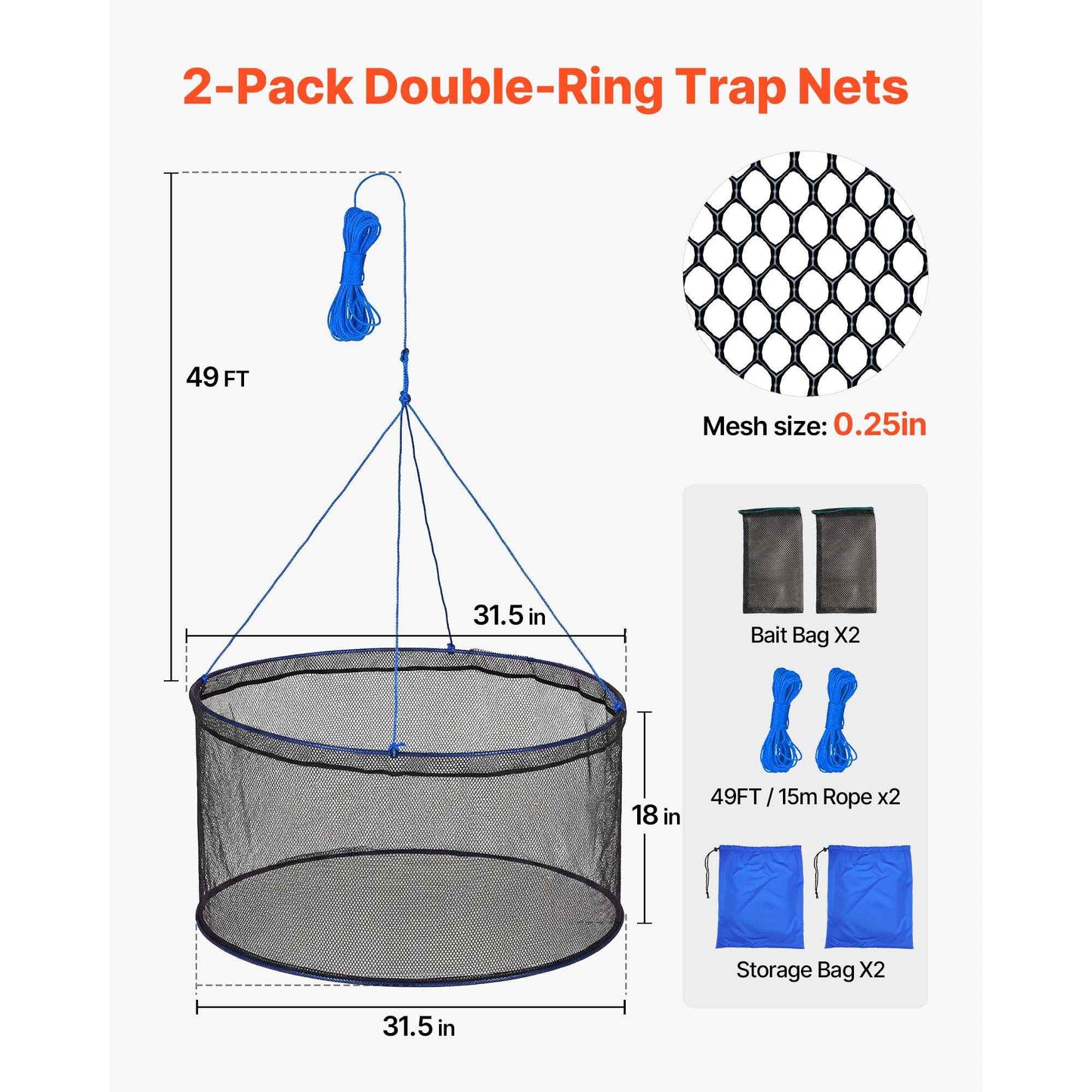 Foldable Drop Fishing Net with Rope & Storage Bag
