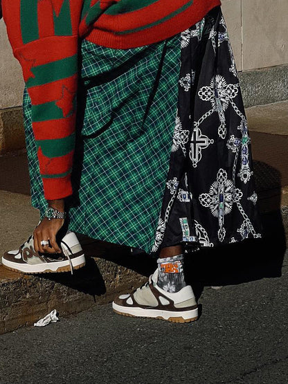 Black Cross Print Plaid Patchwork Wide-Leg Pants