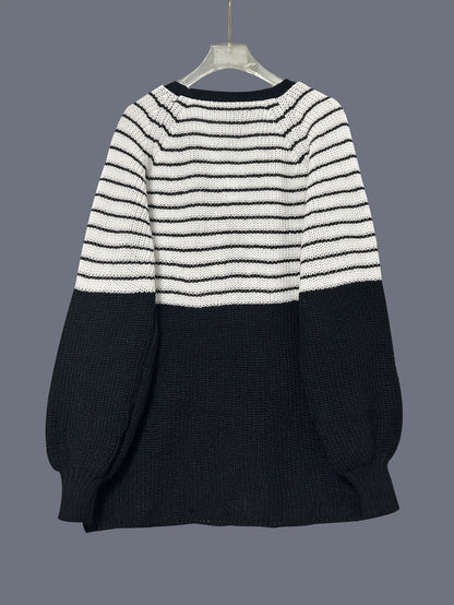 Women's Black & White Stripe Open-Front Knit Cardigan