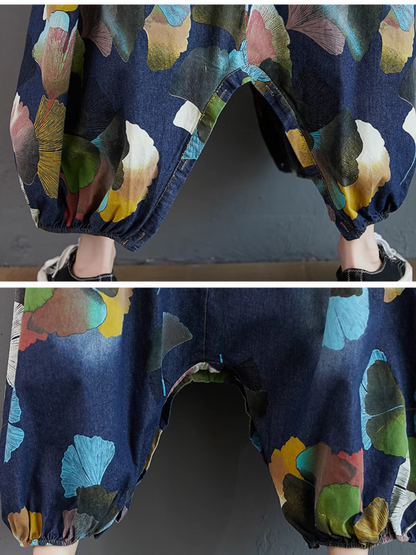 Flowy & Artistic Leaf Print Denim Dungarees for Women | Eva trends