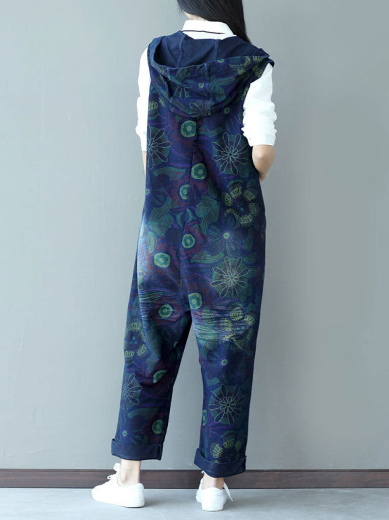 Abstract Floral Zip Dungarees - Sleeveless Rolled-Hem Fit