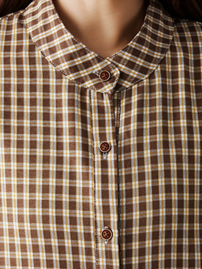 Gingham Cotton-Linen Midi Shirt Dress with Pockets and Gentle Volume