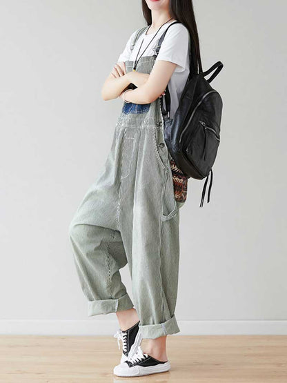 Grey Patch Denim Overalls with Adjustable Straps for Women