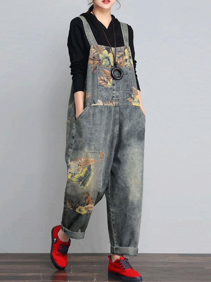 Nature Print Denim Overalls - Relaxed Fit Dungarees