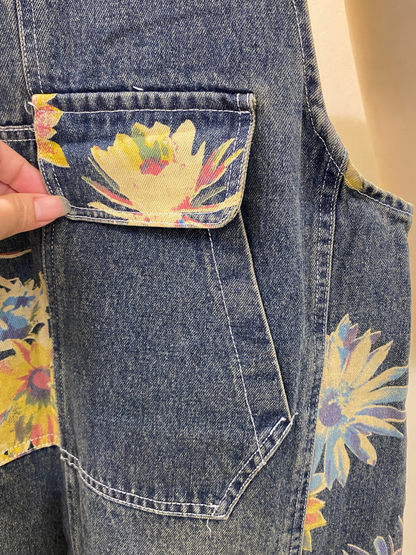 Sunflower Print Denim Dungarees - Utility Pocket Style