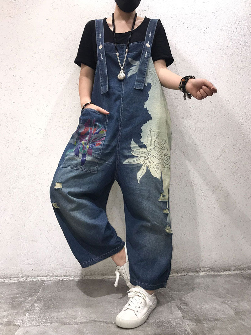 Artistic Floral Denim Dungarees - Distressed Wide-Leg Fit
