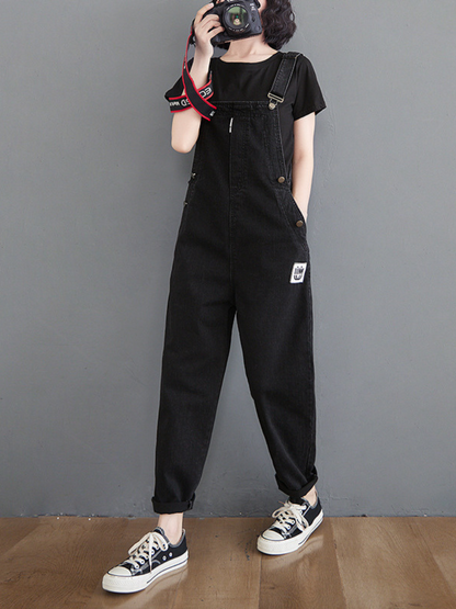 Women's Black Denim Overalls with Side Button Closure