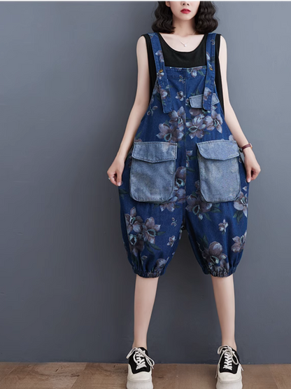 Printed Loose Fit Dungaree Shorts - Artistic Summer Wear