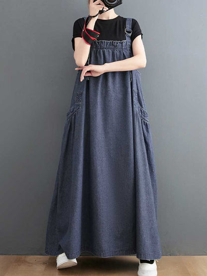 Plain Denim A-Line Salopette Dress - Comfortable Everyday Style | Eva Trends
