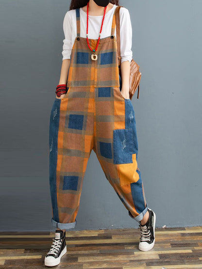 Patchwork Check Denim Dungarees |  Rolled-Hem Utility Fit