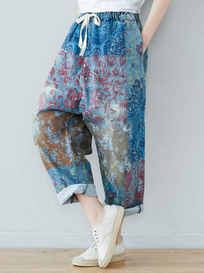 Women's Summer Perfect & Comfy Baggy Style Printed Denim Bottom