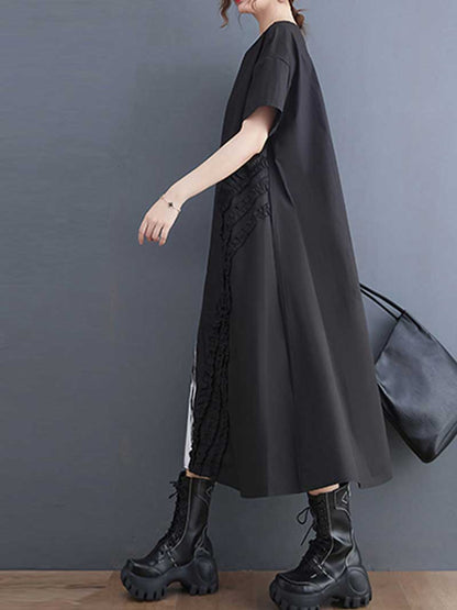 Artsy Asymmetric Brushstroke Midi Dress with Ruffle Panel in Black