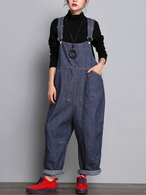 Dark Blue Denim Overalls - Buckle Strap Design