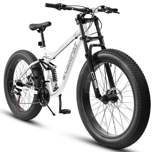 26" Full-Suspension Fat Tire Mountain Bike | Shimano 21-Speed, 4" Tires & Disc Brakes