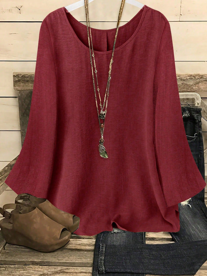 Women's Relaxed Crew-Neck Pullover Top with Patchwork Detail – 5 Colors