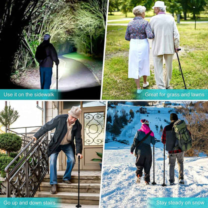 Folding Walking Cane with LED Flashlight – 5 Adjustable Heights, 360° Anti-Slip Base for Hiking & Travel