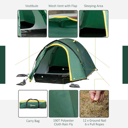 2-Person Dome Camping Tent – Waterproof with Front Vestibule, Large Windows & Carry Bag | Green & Yellow