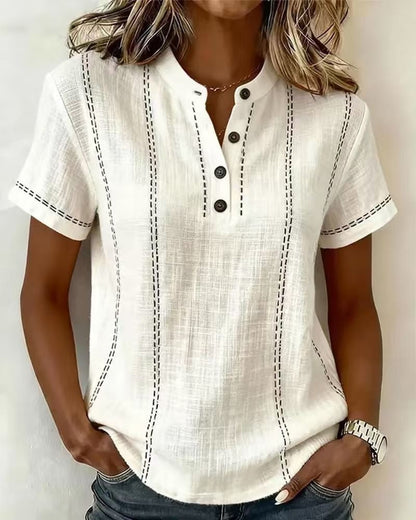 Women's Striped Short-Sleeve V-Neck Button Blouse – Minimalist Casual Top