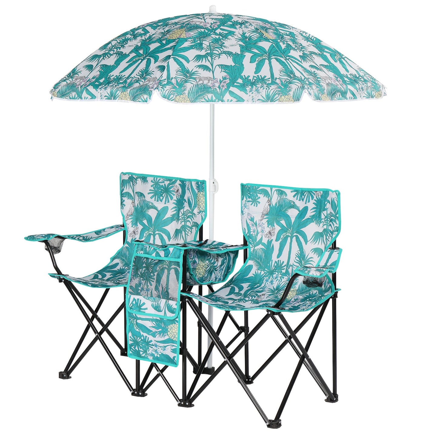 Folding Double Camp Chair with Removable Umbrella – Cup Holders, Cooler Bag & Carry Bag for Beach & Outdoors