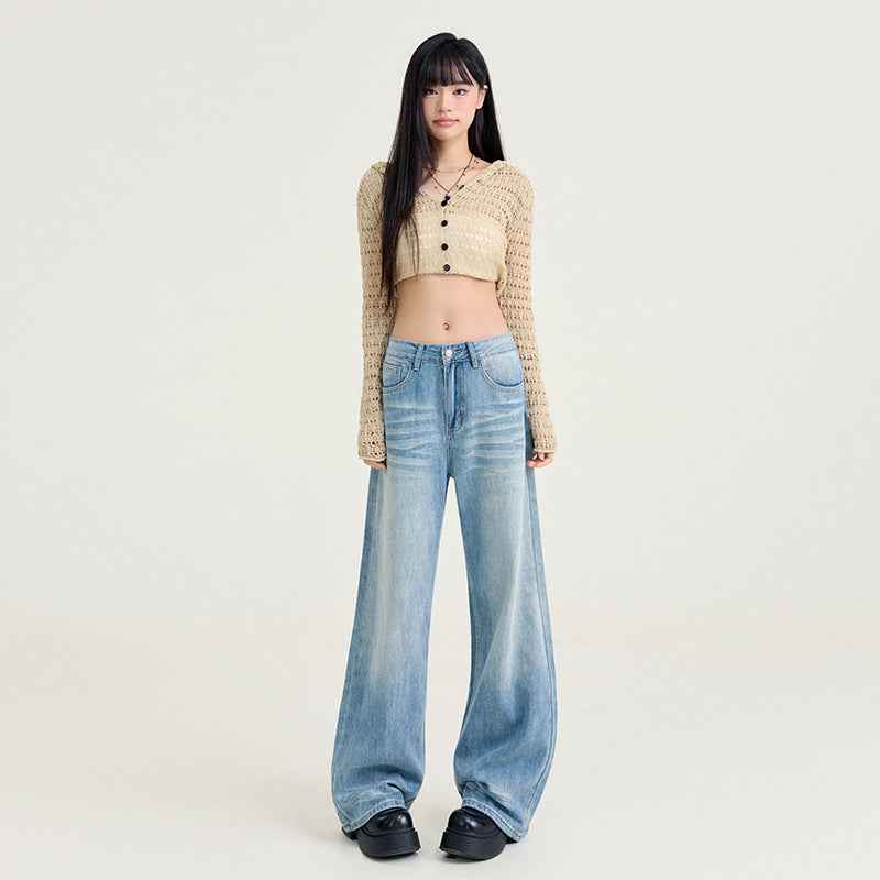 Women's High-Waist Wide-Leg Washed Jeans – Casual Denim Pants