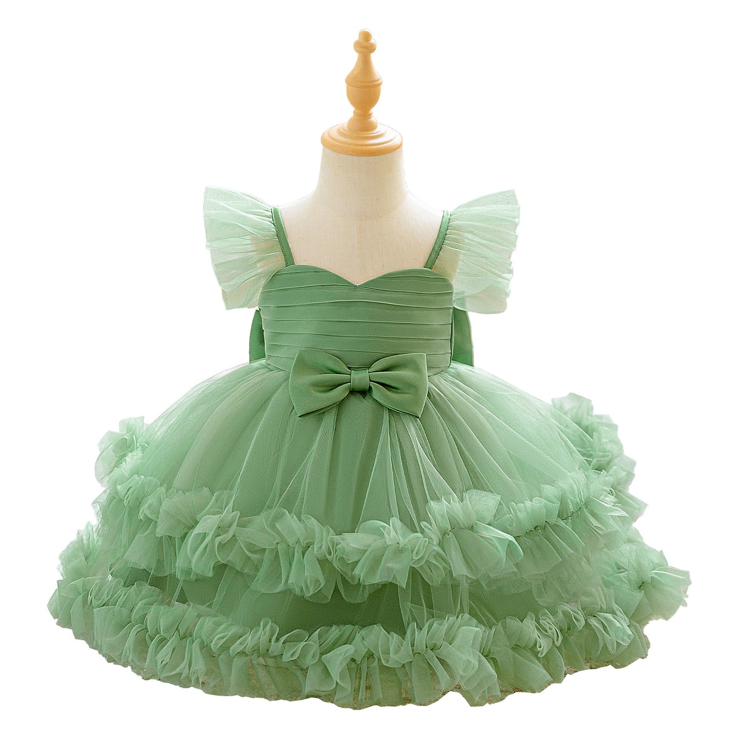 Children's Puff-sleeve Bowknot Tulle Fluffy Tiered Cake Skirt