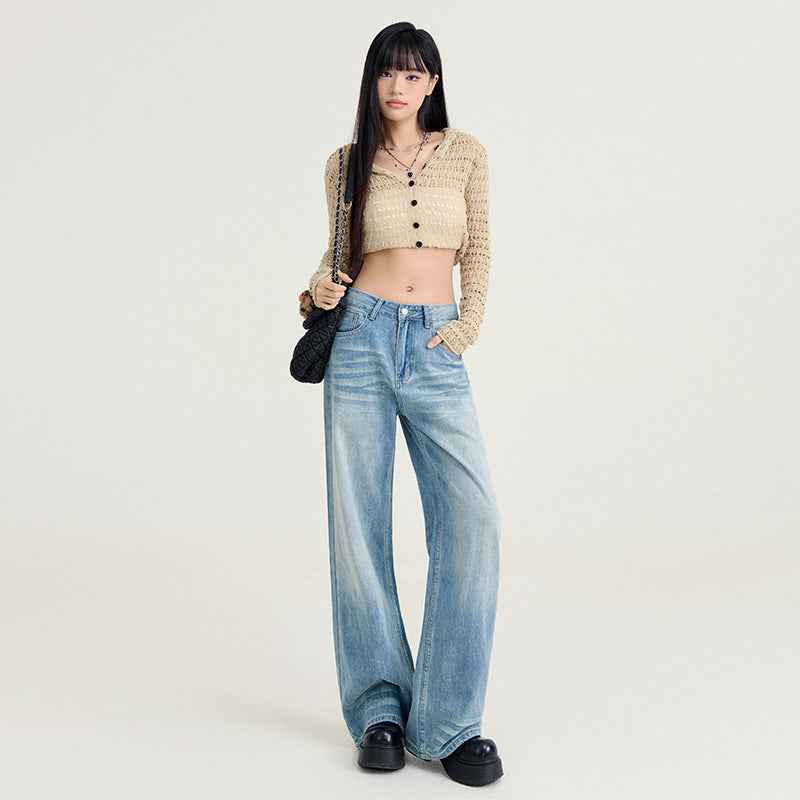 Women's High-Waist Wide-Leg Washed Jeans – Casual Denim Pants
