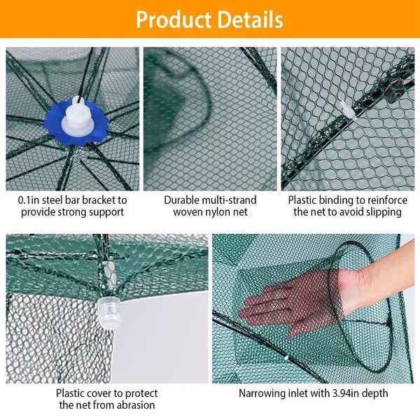 Foldable Fishing Bait Trap with 8 Entrances – 2-Pack, Crab, Shrimp & Minnow