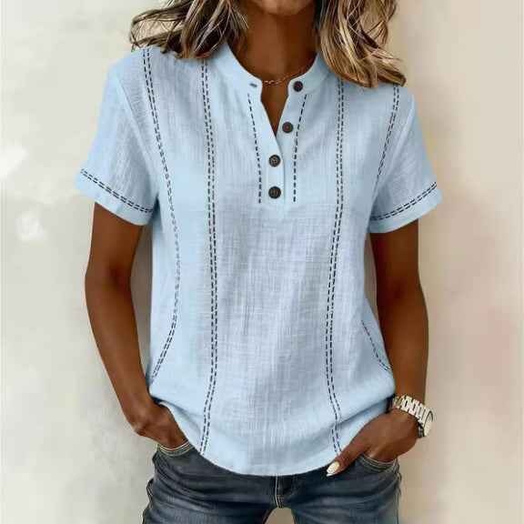 Women's Striped Short-Sleeve V-Neck Button Blouse – Minimalist Casual Top