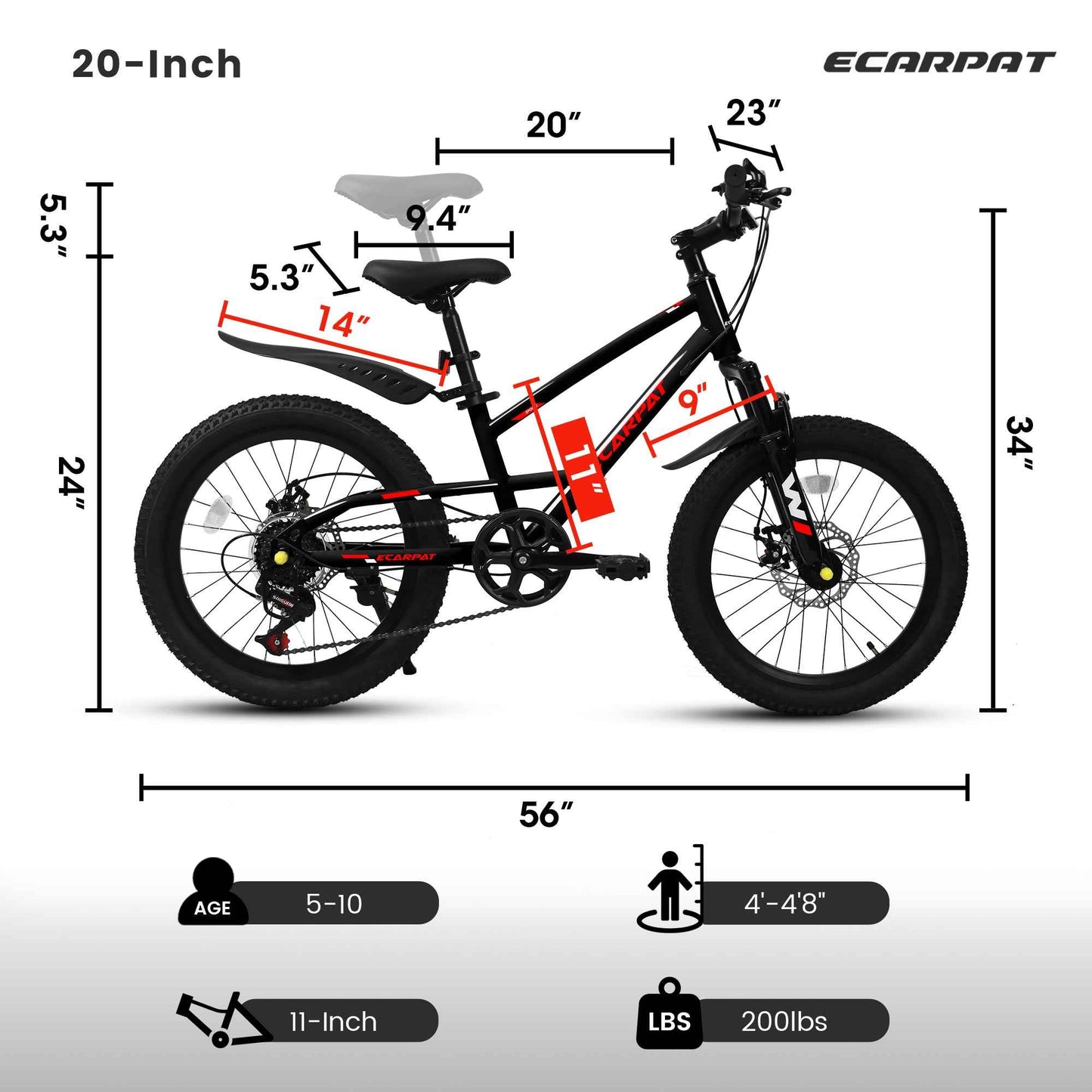 20" Kids Mountain Bike | Ages 6-12, 7-Speed, Front Disc Brake & Suspension