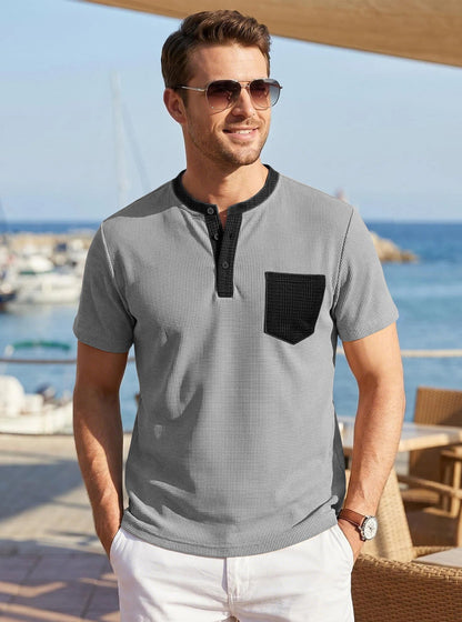 Men's Color-Block Waffle-Knit Henley T-Shirt with Chest Pocket – 6 Colors