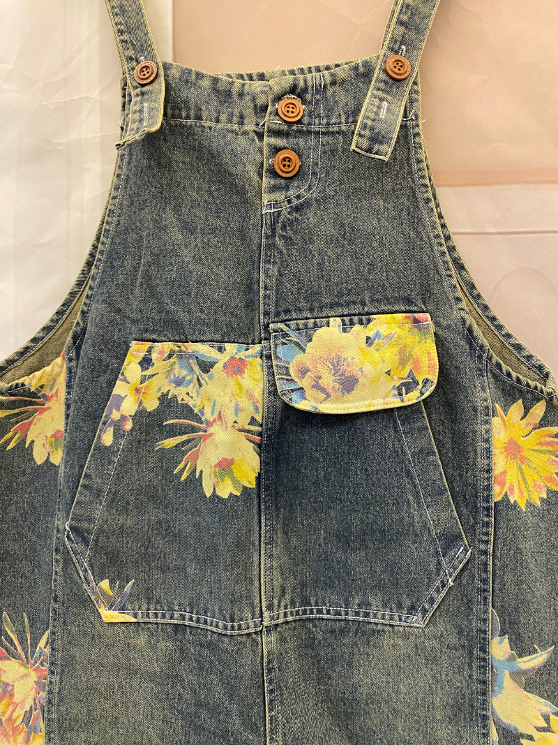 Sunflower Print Denim Dungarees - Utility Pocket Style
