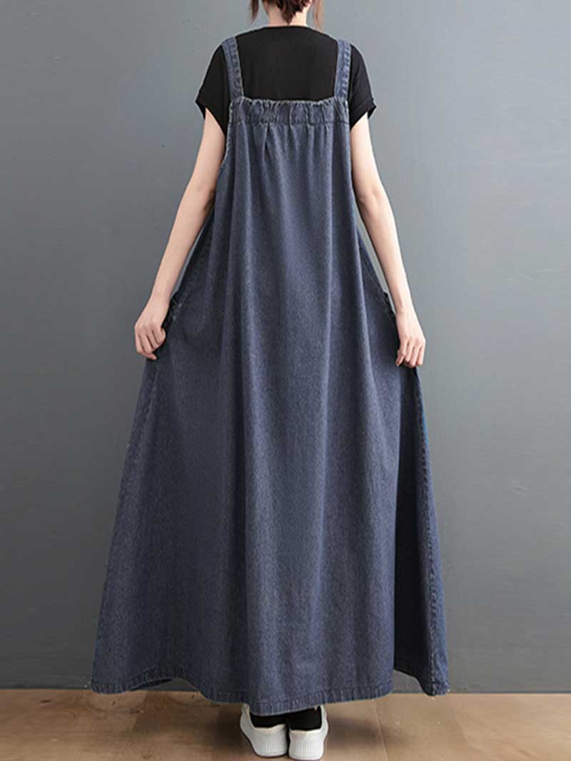 Plain Denim A-Line Salopette Dress - Comfortable Everyday Style | Eva Trends