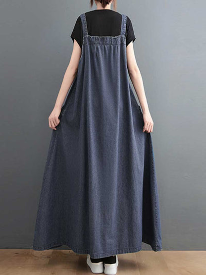 Plain Denim A-Line Salopette Dress - Comfortable Everyday Style | Eva Trends