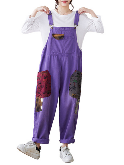 Relaxed Fit Purple Overalls with Contrast Pattern Pockets