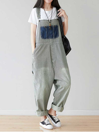Grey Patch Denim Overalls with Adjustable Straps for Women