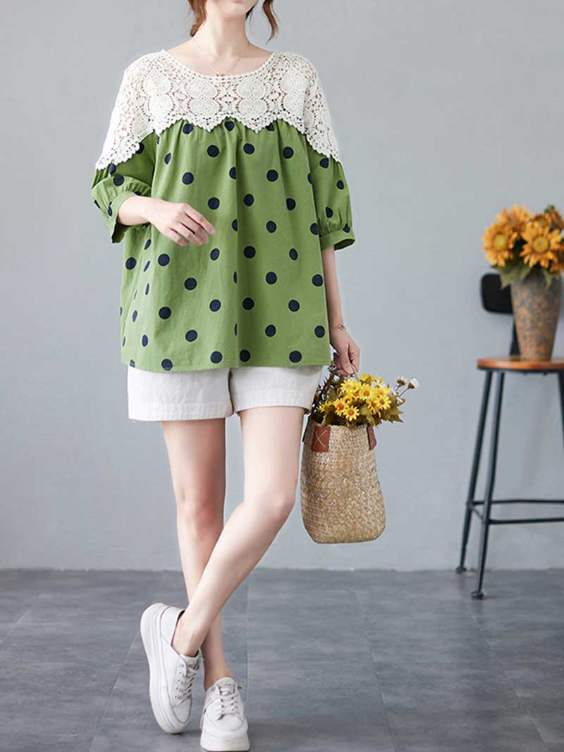 Polka Dot Print Cotton Floral Net Lace Shirt Top