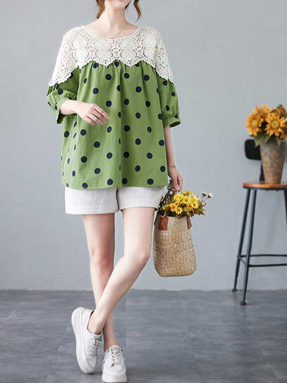 Polka Dot Print Cotton Floral Net Lace Shirt Top