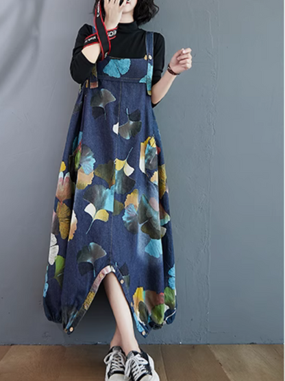 Flowy & Artistic Leaf Print Denim Dungarees for Women | Eva trends