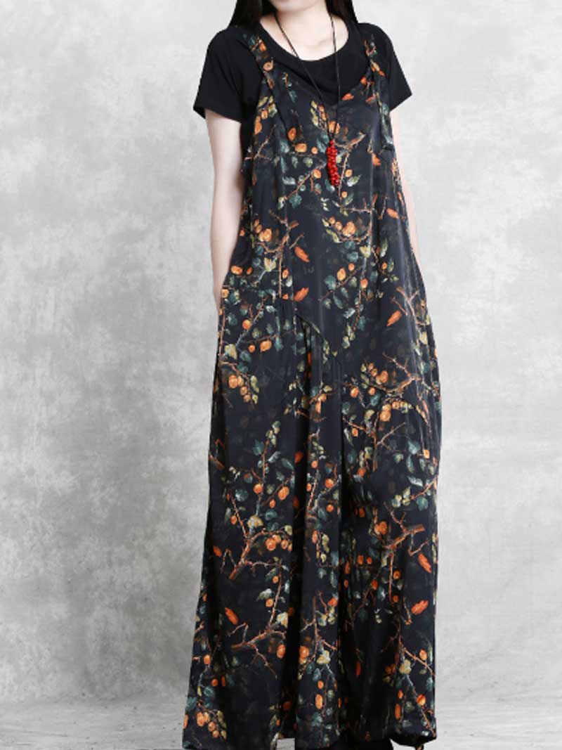 Botanical Print Silk Jumpsuit - Flowing Wide Leg Design