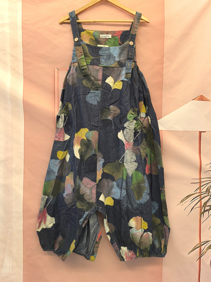 Flowy & Artistic Leaf Print Denim Dungarees for Women | Eva trends
