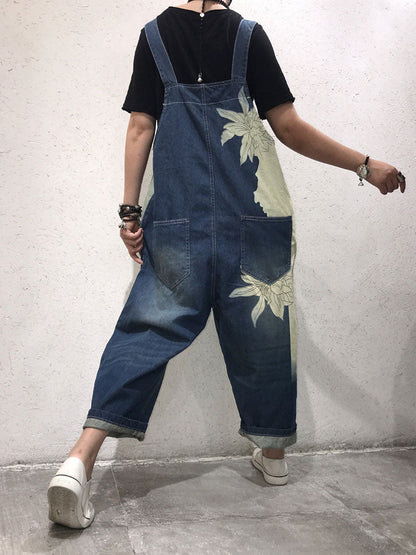 Artistic Floral Denim Dungarees - Distressed Wide-Leg Fit
