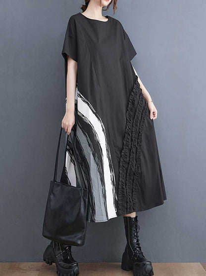Artsy Asymmetric Brushstroke Midi Dress with Ruffle Panel in Black