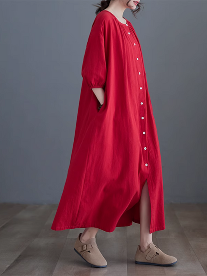 Women's Cool Button-Up Side Pockets A-Line Shirt dress