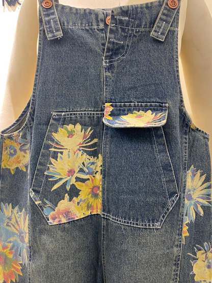 Sunflower Print Denim Dungarees - Utility Pocket Style
