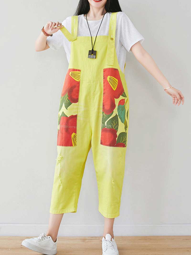 Patchwork Cropped Denim Dungarees with Side Pockets