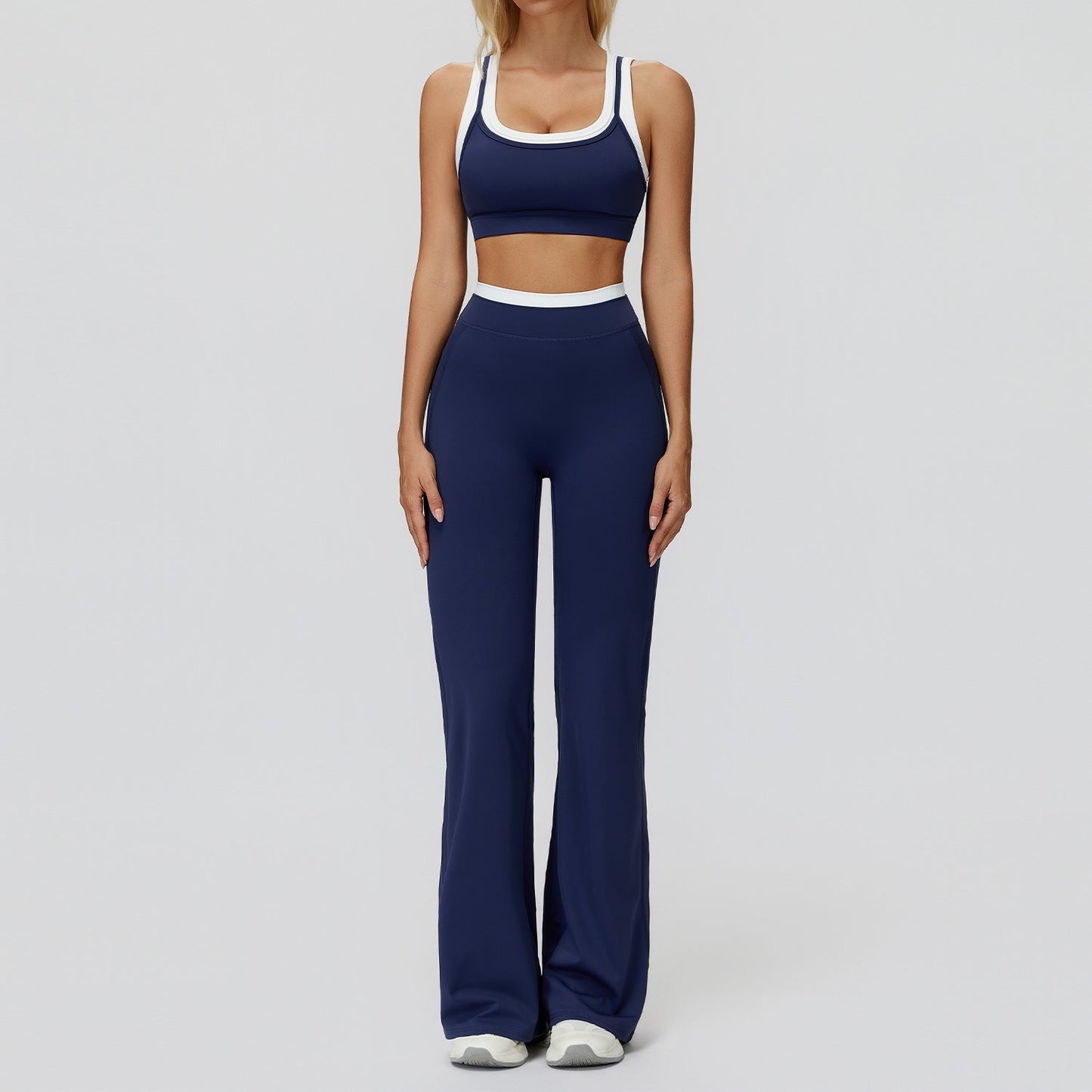 Women's Contrast Sports Bra & Leggings or Wide-Leg Flared Pants Set – Active Workout Set