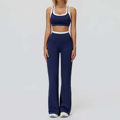 Women's Contrast Sports Bra & Leggings or Wide-Leg Flared Pants Set – Active Workout Set